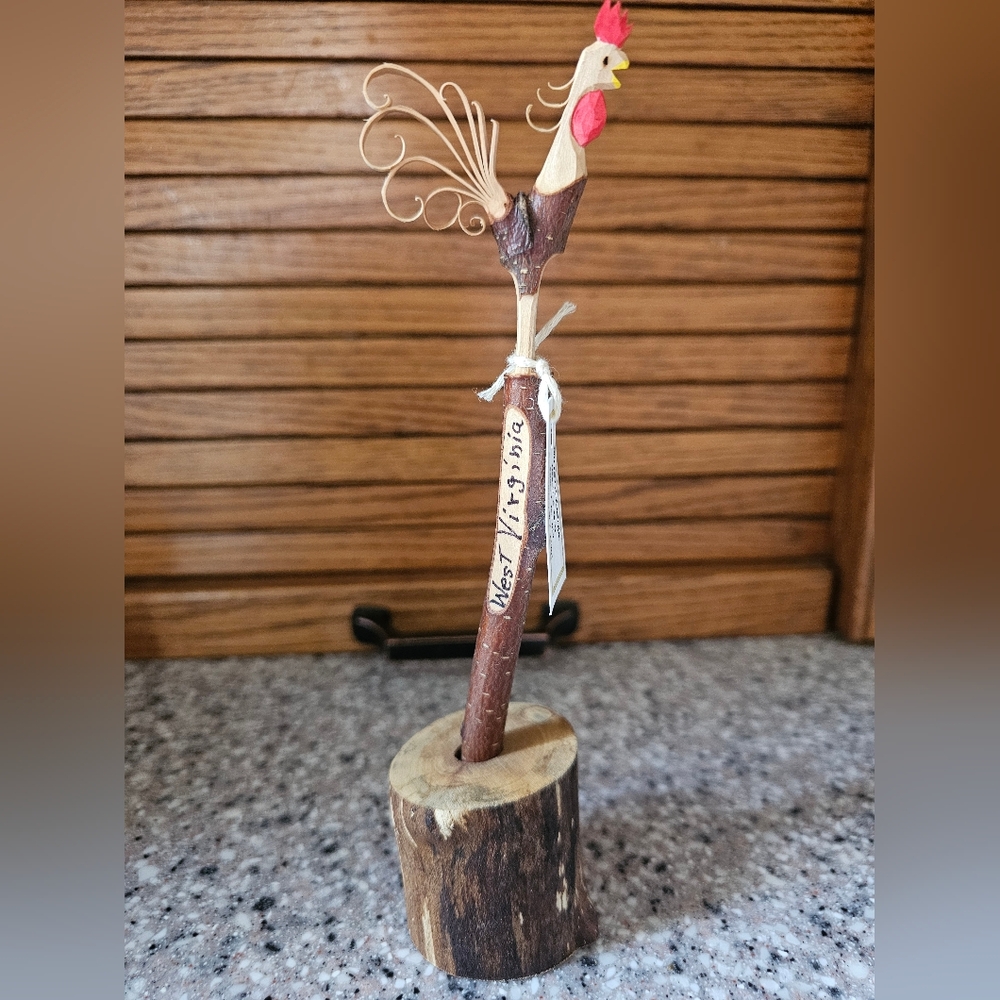 Handcarved Folk Art Wooden Rooster Pencil Set, Signed by Artist